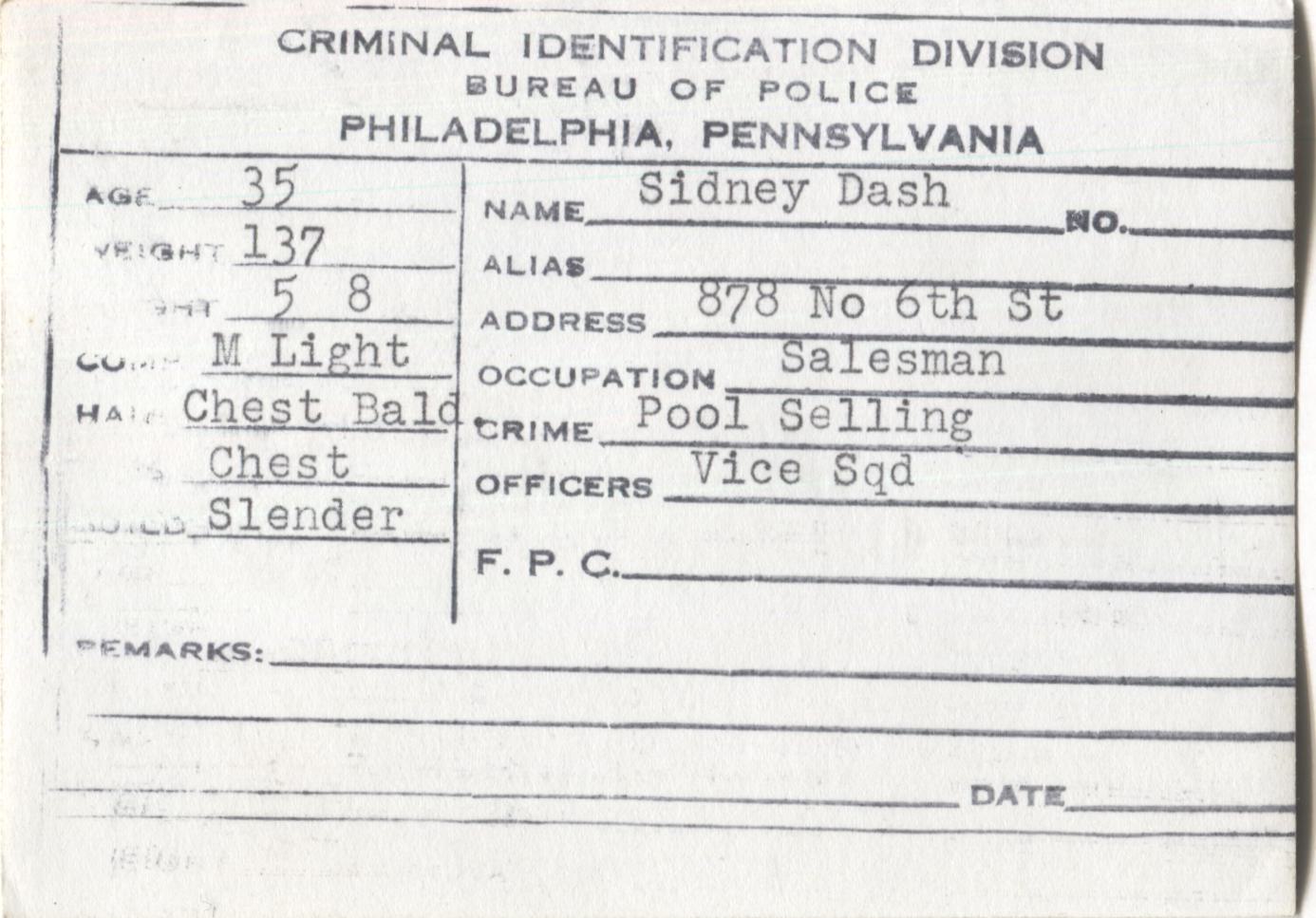 Sidney Dash Mugshot - Arrested on 1/17/1948 for Poolselling