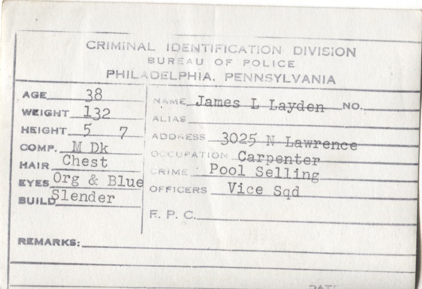 James L. Layden Mugshot - Arrested on 4/24/1948 for Poolselling