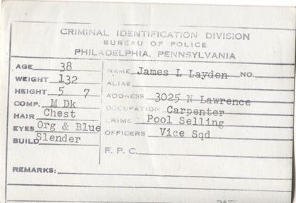 James L. Layden Mugshot - Arrested on 4/24/1948 for Poolselling