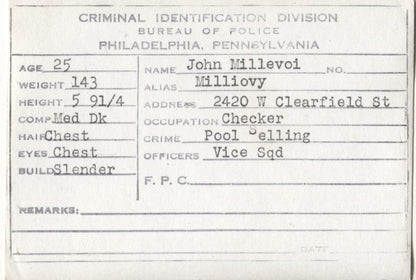 John Millevoi Mugshot - Arrested on 7/16/1948 for Poolselling
