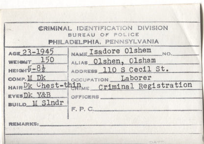 Isadore Olshem Mugshot - Arrested on 9/5/1945 for Criminal Registration