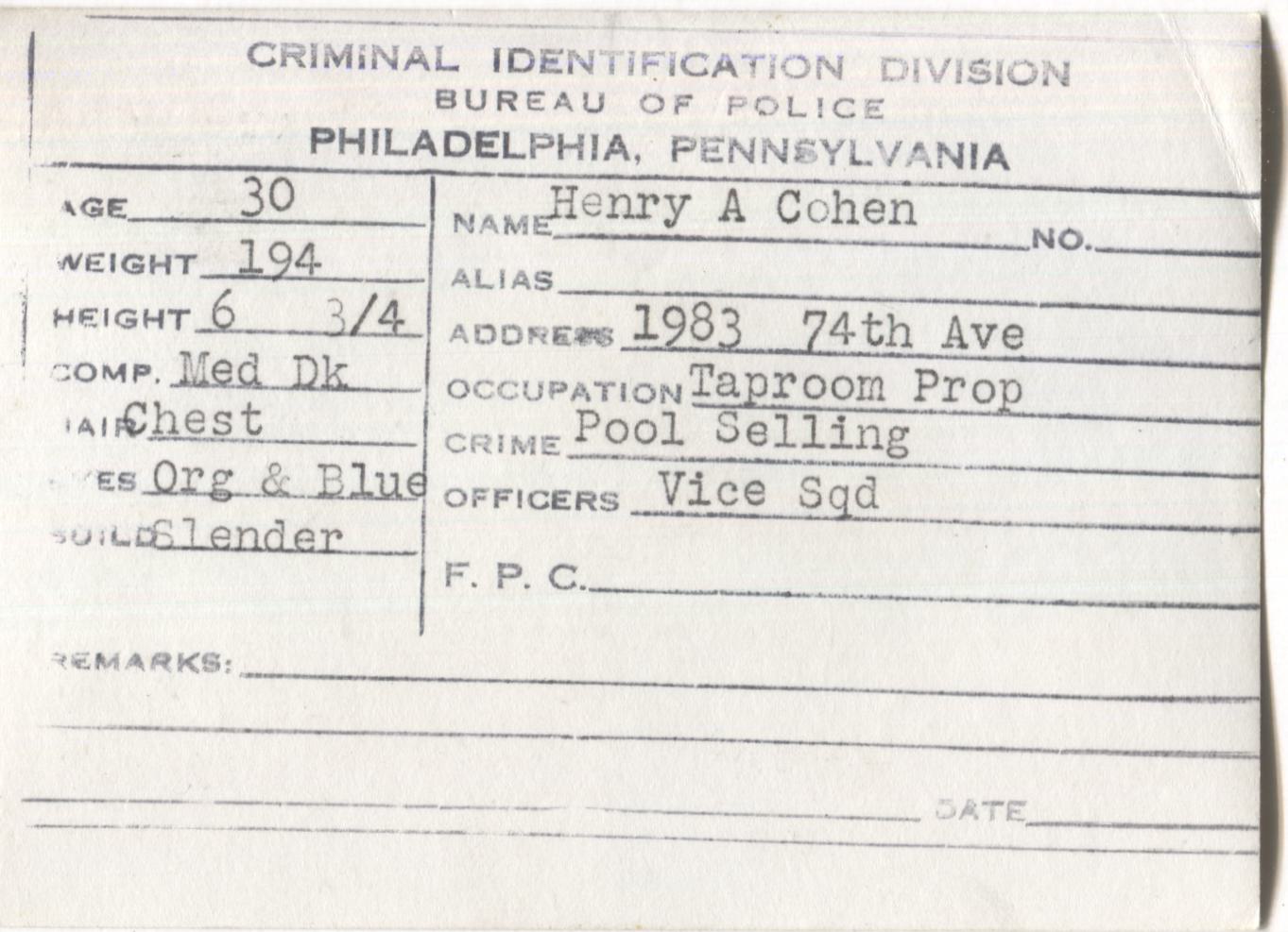 Henry A. Cohen Mugshot - Arrested on 7/15/1948 for Poolselling