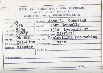 John P. Connelly Mugshot - Arrested on 12/10/1946 for Poolselling & Bookmaking