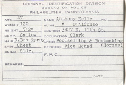 Anthony Kelly Mugshot - Arrested on 3/25/1945 for Bookmaking on Horses