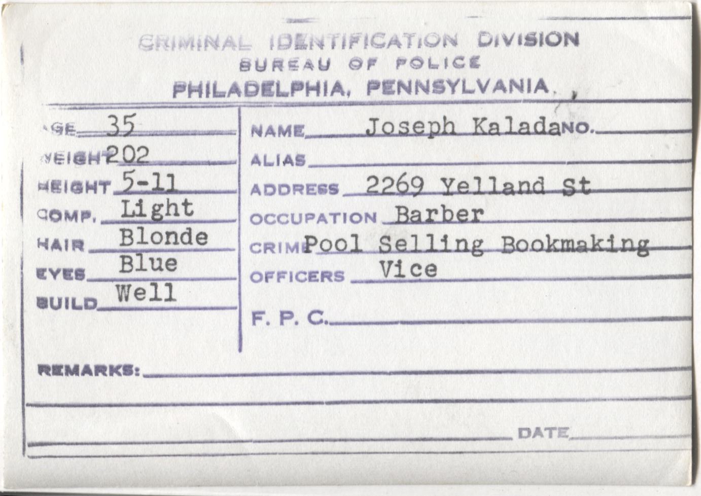 Joseph Kalada Mugshot - Arrested on 2/29/1948 for Poolselling & Bookmaking