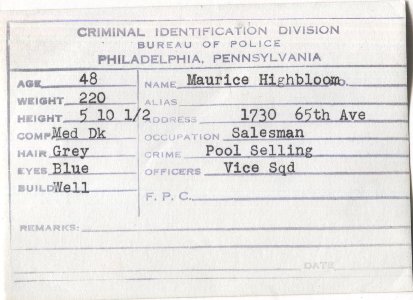 Maurice Highbloom Mugshot - Arrested on 12/6/1948 for Poolselling