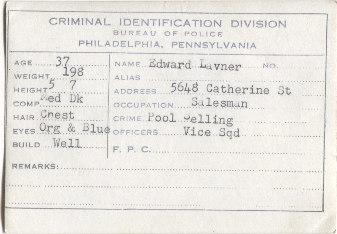 Edward Lavner Mugshot - Arrested on 10/7/1949 for Poolselling