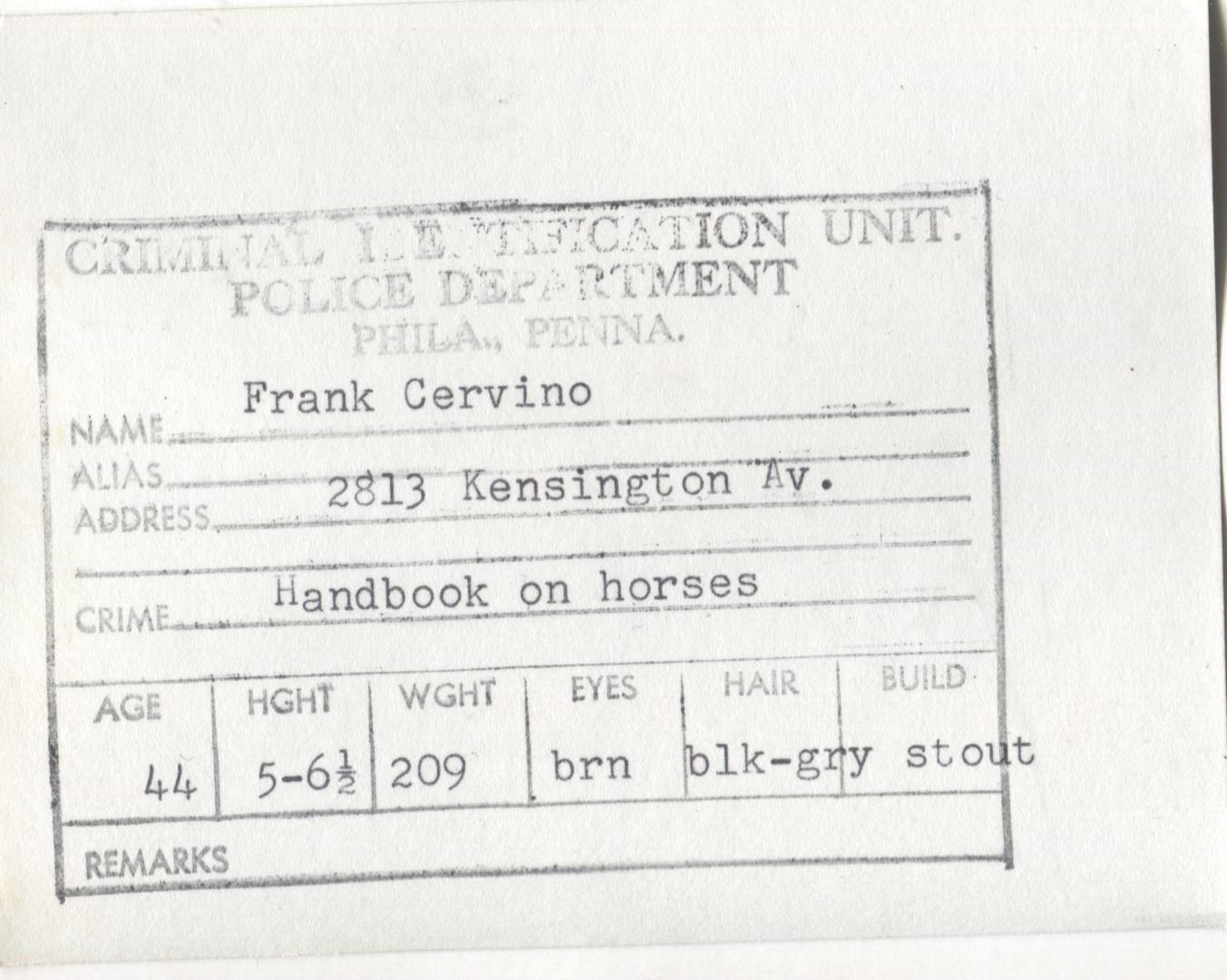 Frank Cervino Mugshot - Arrested on 12/14/1961 for Handbooking on Horses