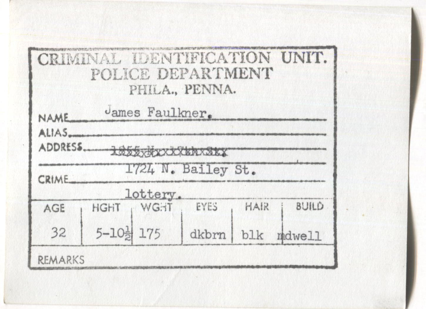 James Faulkner Mugshot - Arrested on 1/18/1961 for Illegal Lottery