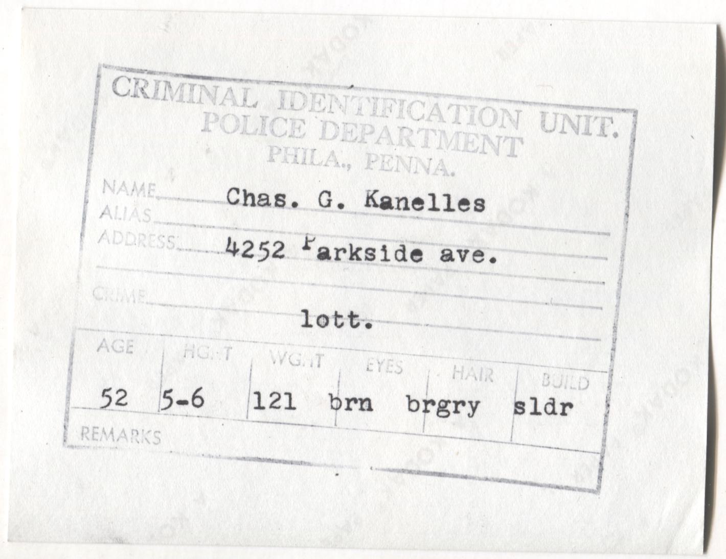 Chas G. Kanelles Mugshot - Arrested on 2/7/1964 for Illegal Lottery