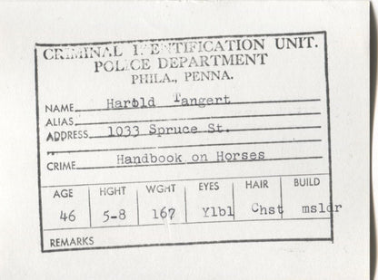Harold Tangert Mugshot - Arrested on 5/19/1962 for Handbooking on Horses