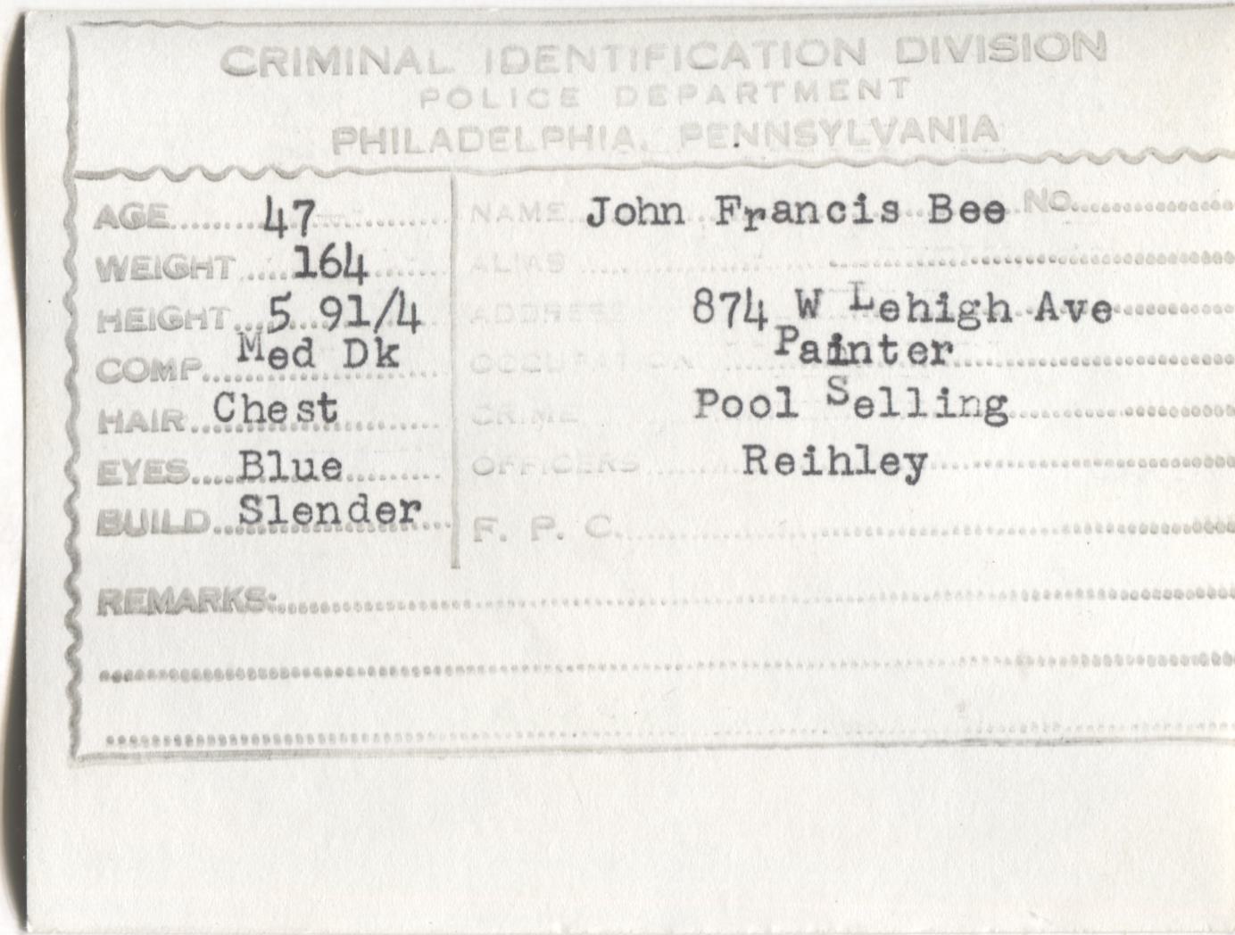 John Francis Bee Mugshot - Arrested on 4/28/1955 for Poolselling