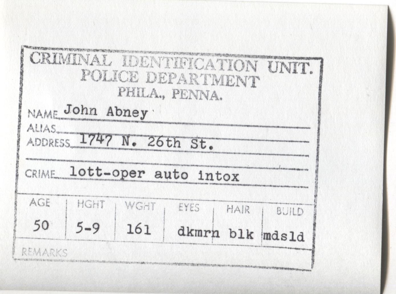John Abney Mugshot - Arrested on 2/14/1963 for Illegal Lottery & DUI
