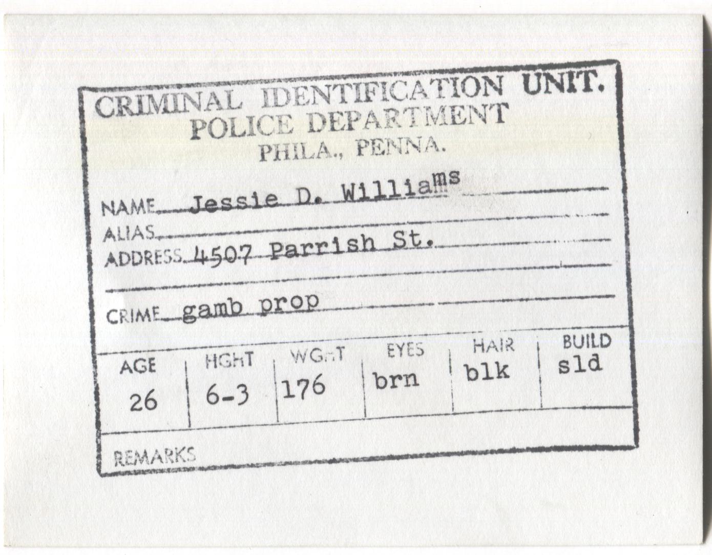 Jessie D. Williams Mugshot - Arrested on 2/14/1963 for Being a Gambling Proprieter