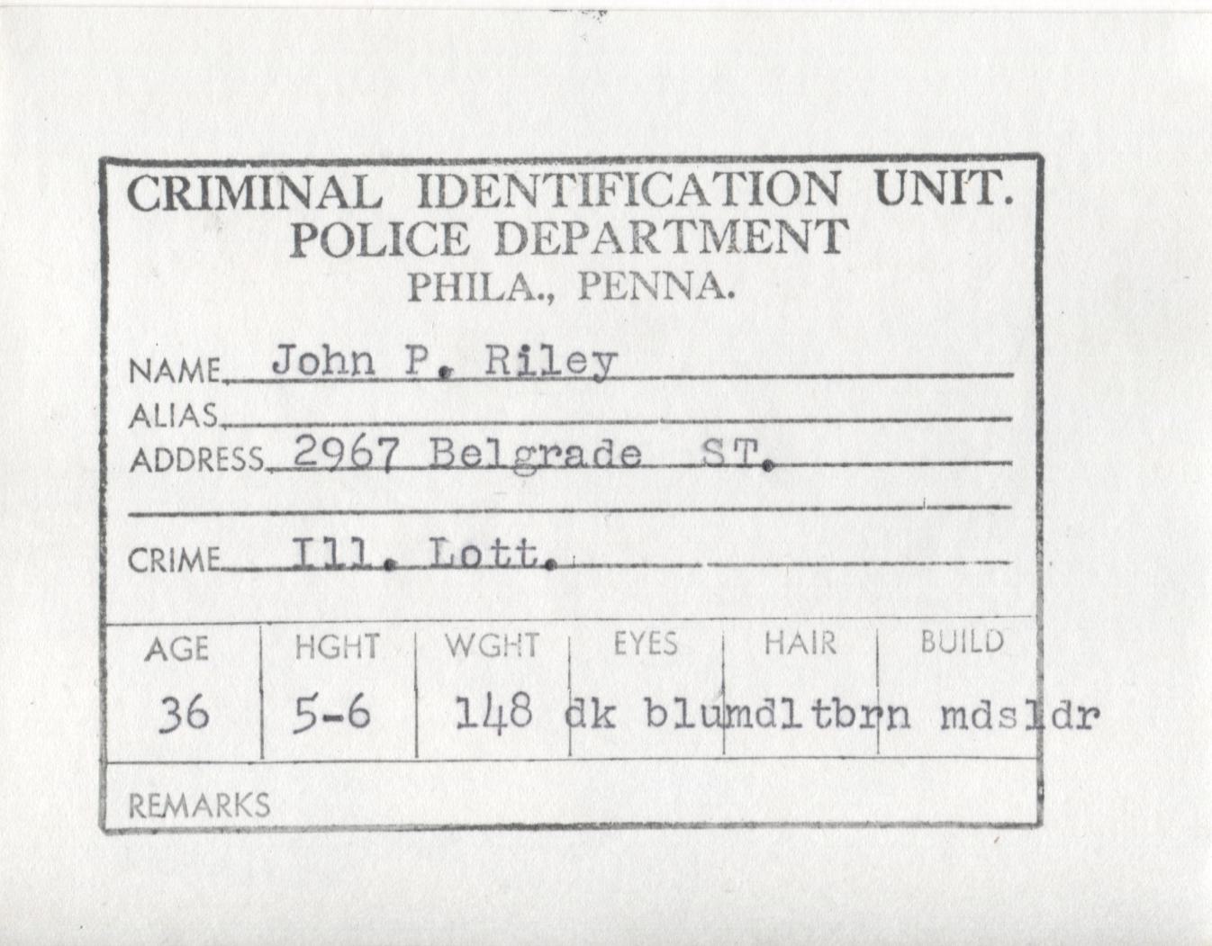 John P. Riley Mugshot - Arrested on 6/2/1962 for Illegal Lottery