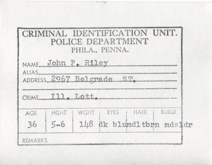 John P. Riley Mugshot - Arrested on 6/2/1962 for Illegal Lottery