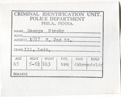 George Stroby Mugshot - Arrested on 6/2/1962 for Illegal Lottery