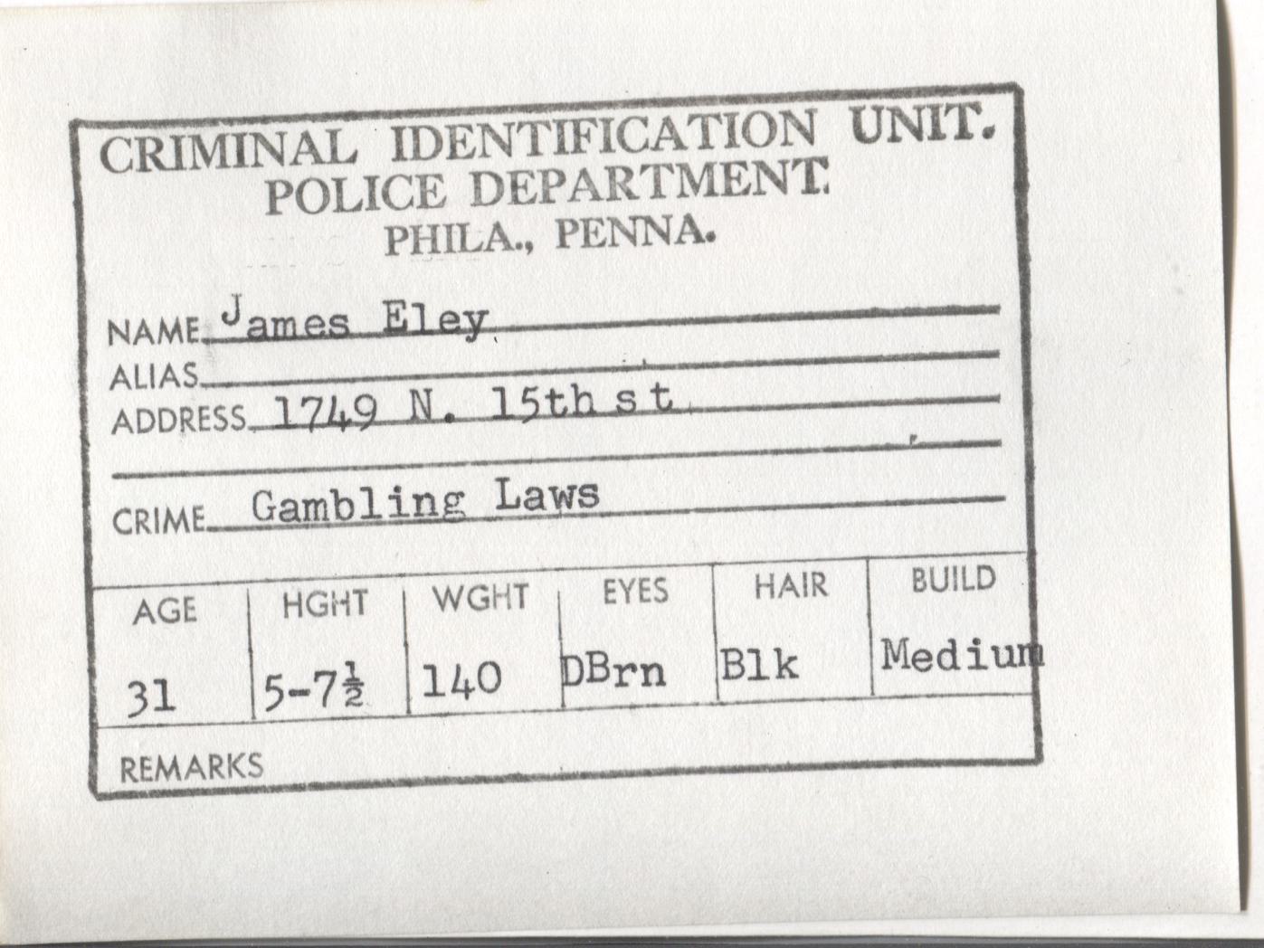 James Eley Mugshot - Arrested on 6/26/1961 for Violating Gambling Laws