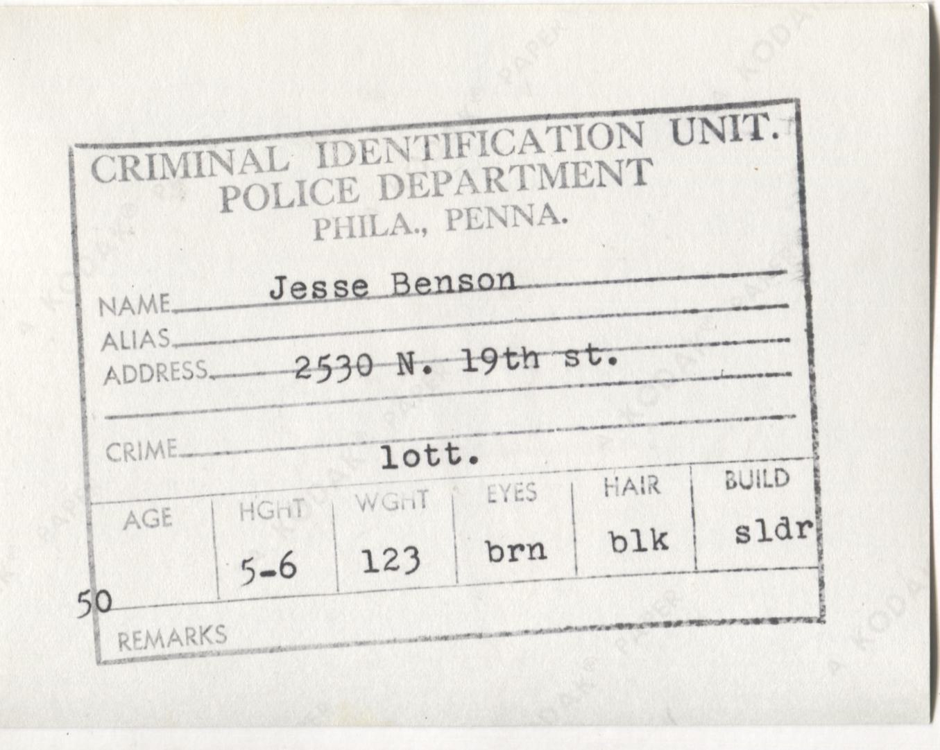 Jesse Benson Mugshot - Arrested on 1/19/1962 for Illegal Lottery