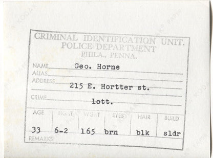 George Horne Mugshot - Arrested on 4/2/1964 for Illegal Lottery
