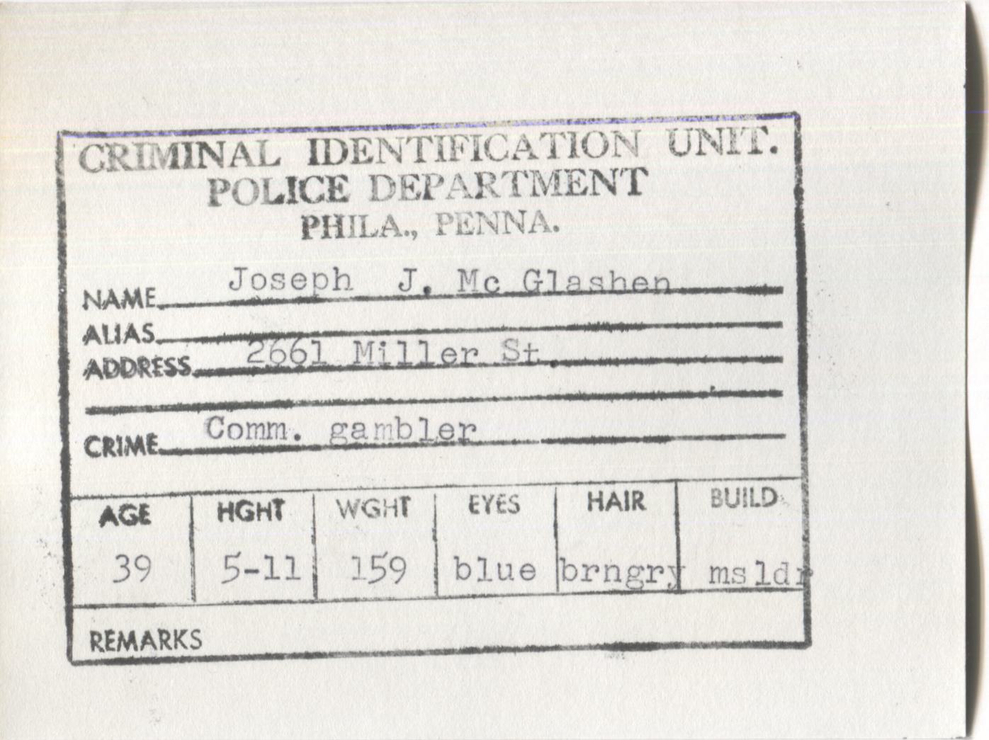 Joseph J. McGlashen Mugshot - Arrested on 4/21/1964 for Being a Common Gambler