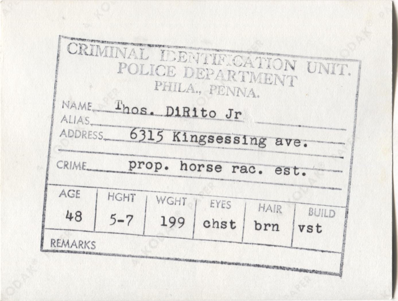 Thomas DiRito Jr. Mugshot - Arrested on 2/28/1964 for Being a Proprietor of a Horse Racing Establishment