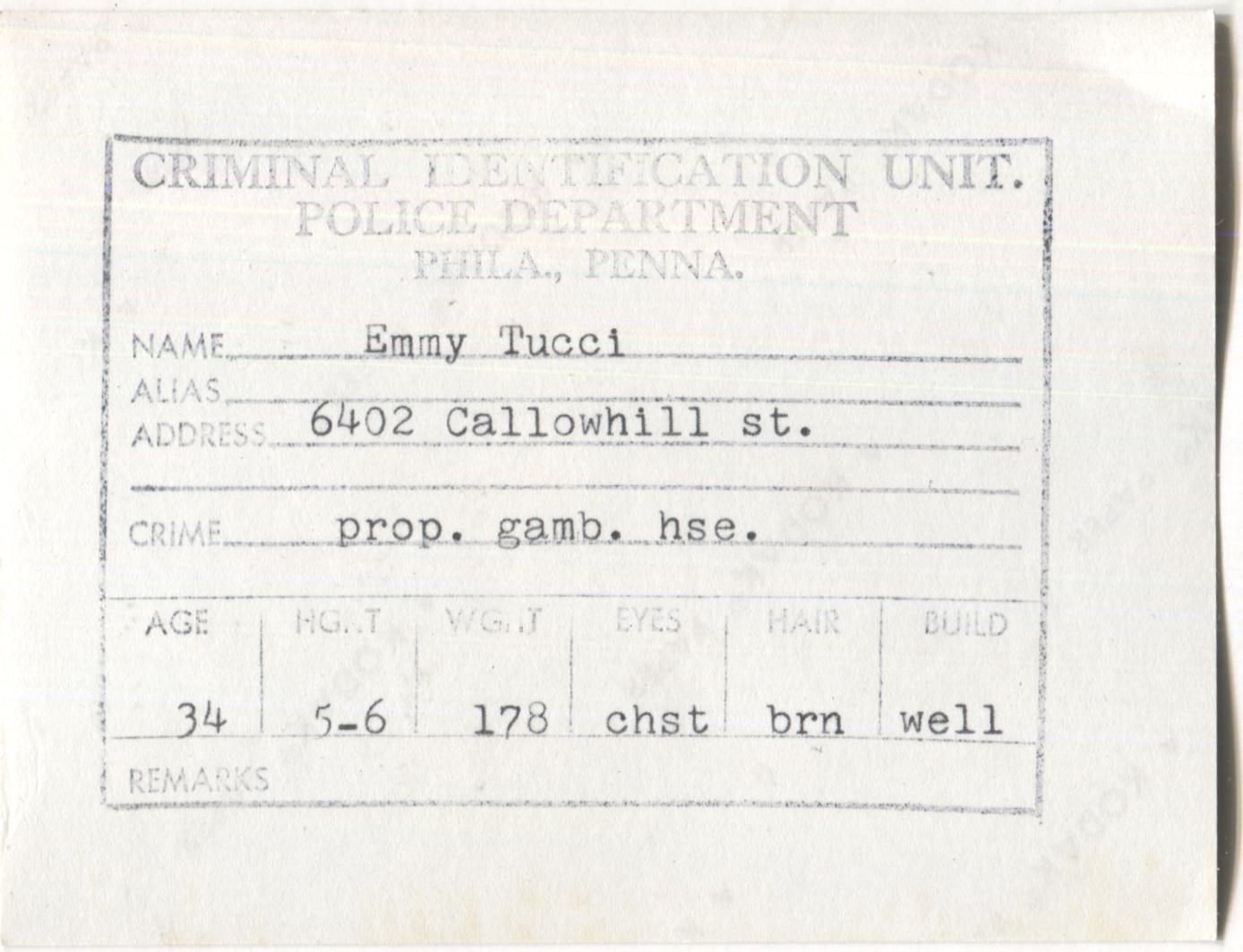 Emmy Tucci Mugshot - Arrested on 12/14/1963 for Being a Proprietor of a Gambling House