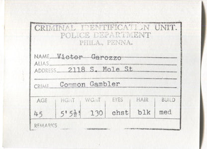 Victor Garozzo Mugshot - Arrested on 4/18/1962 for Being a Common Gambler