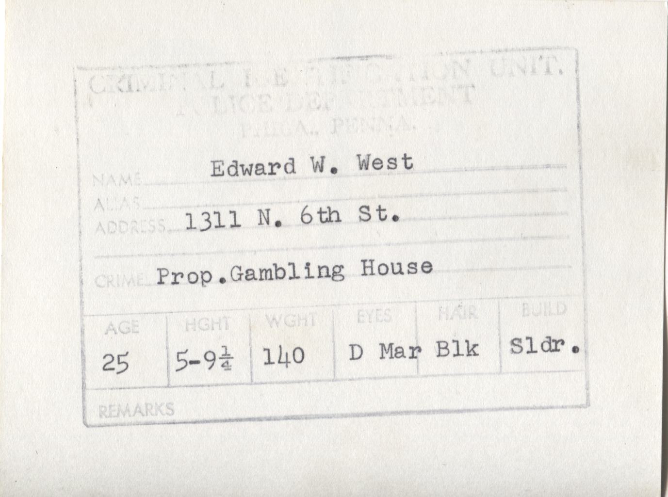 Edward W. West Mugshot - Arrested on 12/9/1960 for Being a Properietor of a Gambling House