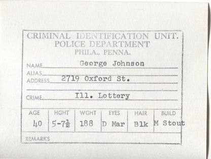 George Johnson Mugshot - Arrested on 10/26/1960 for Illegal Lottery