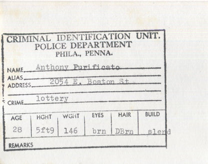 Anthony Purificato Mugshot - Arrested on 9/25/1962 for Illegal Lottery