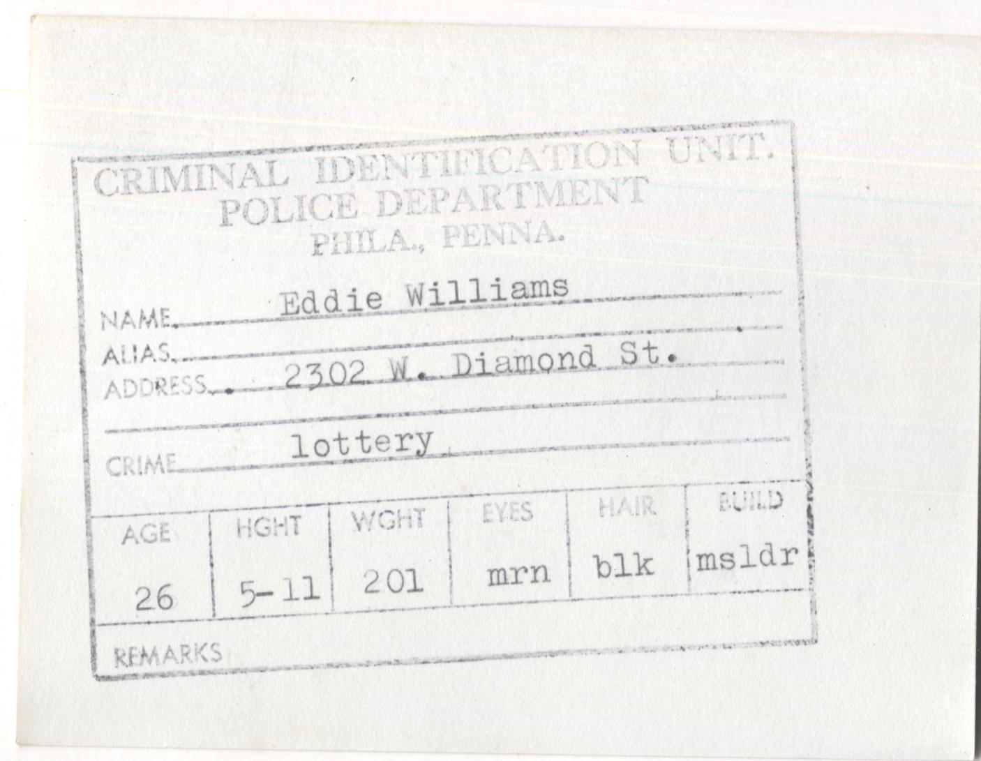 Eddie Williams Mugshot - Arrested on 10/31/1960 for Illegal Lottery