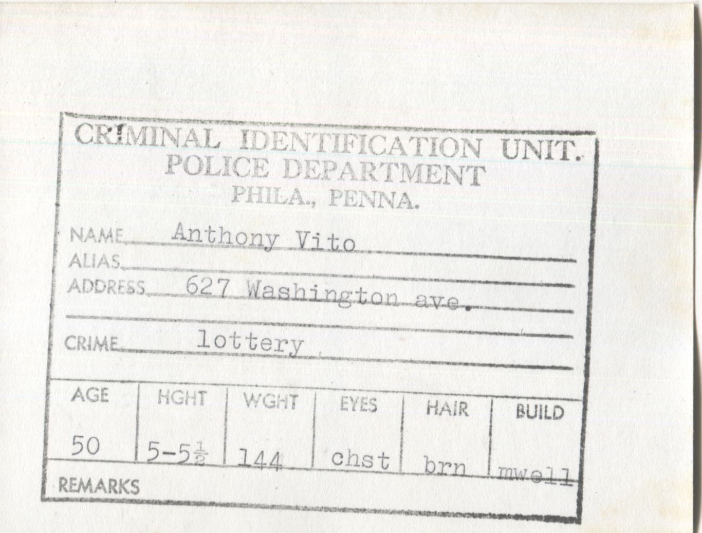 Anthony Vito Mugshot - Arrested on 10/6/1959 for Illegal Lottery