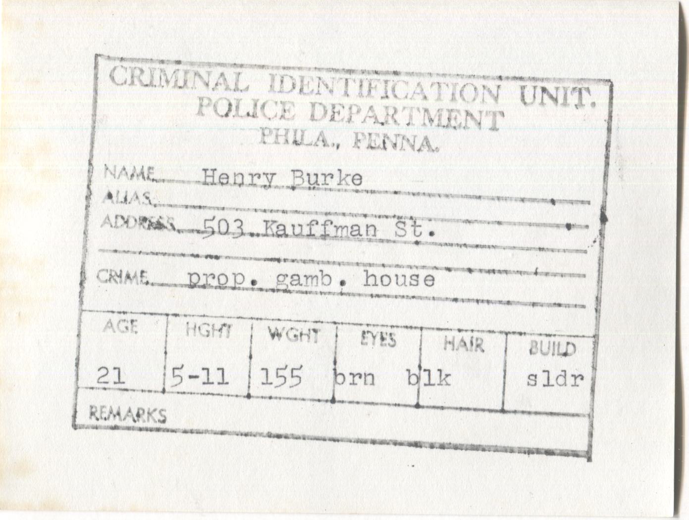 Henry Burke Mugshot - Arrested on 4/23/1961 for Being a Proprietor of a Gambling House