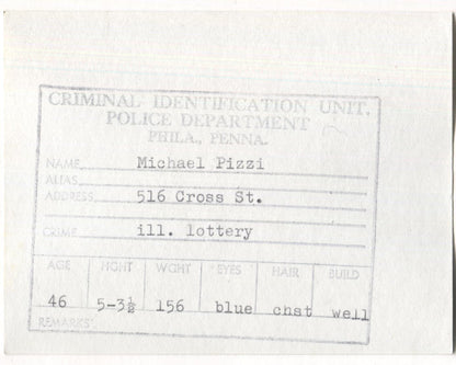 Michael Pizzi Mugshot - Arrested on 10/30/1959 for Illegal Lottery