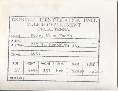 Perry Wren Heath Mugshot - Arrested on 4/24/1961 for Illegal Lottery