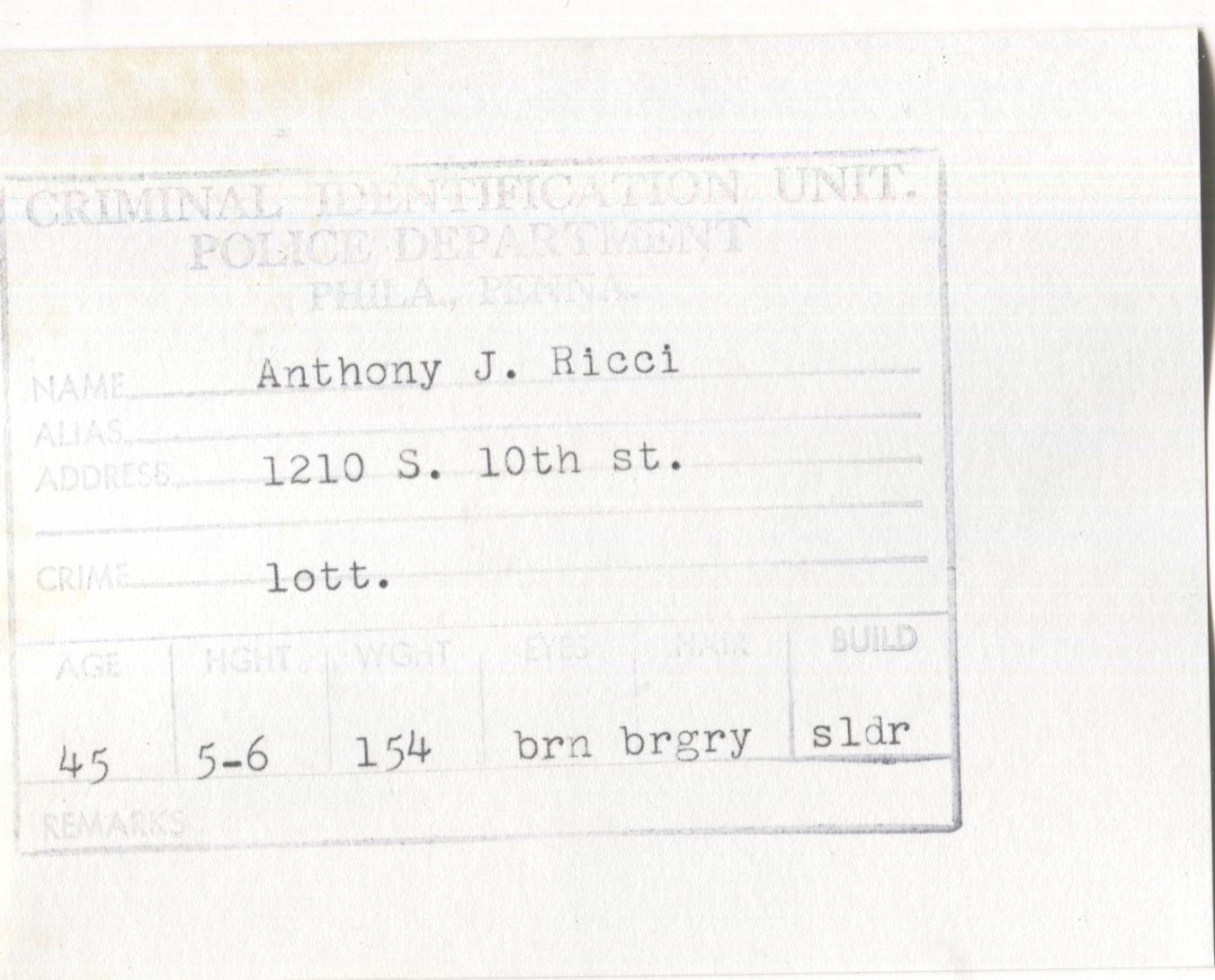 Anthony J. Ricci Mugshot - Arrested on 6/13/1963 for Illegal Lottery