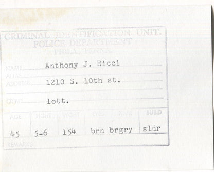 Anthony J. Ricci Mugshot - Arrested on 6/13/1963 for Illegal Lottery