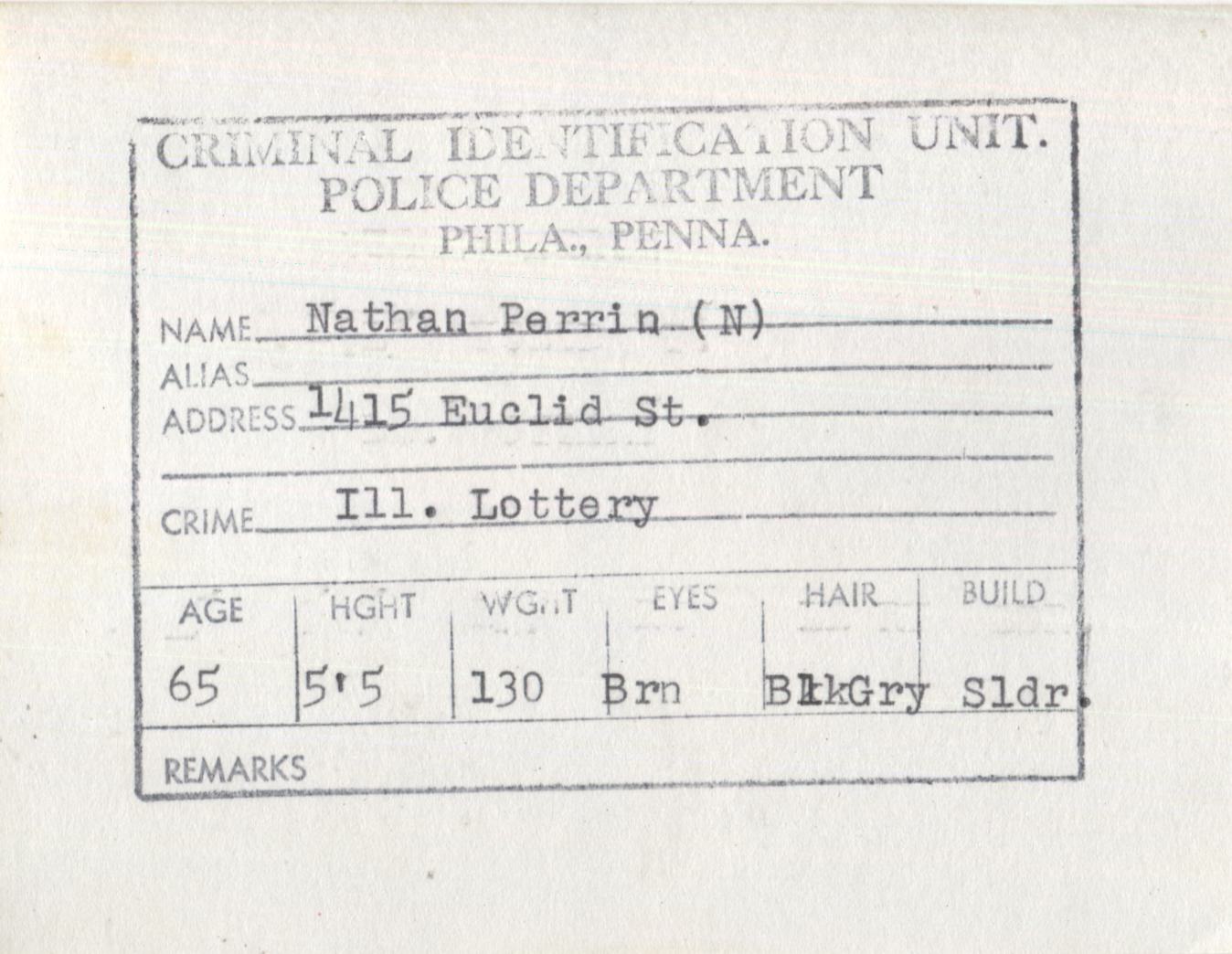 Nathan Perrin Mugshot - Arrested on 11/3/1960 for Illegal Lottery