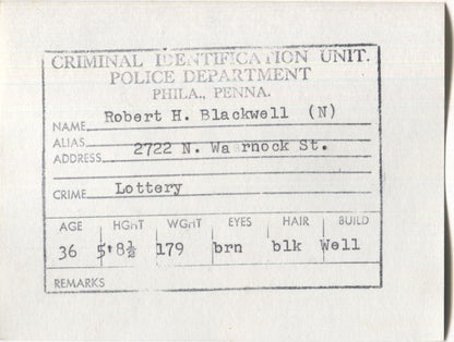 Robert H. Blackwell Mugshot - Arrested on 11/3/1960 for Illegal Lottery