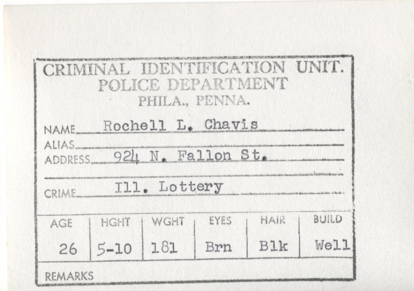 Rochell L. Chavis Mugshot - Arrested on 4/21/1962 for Illegal Lottery