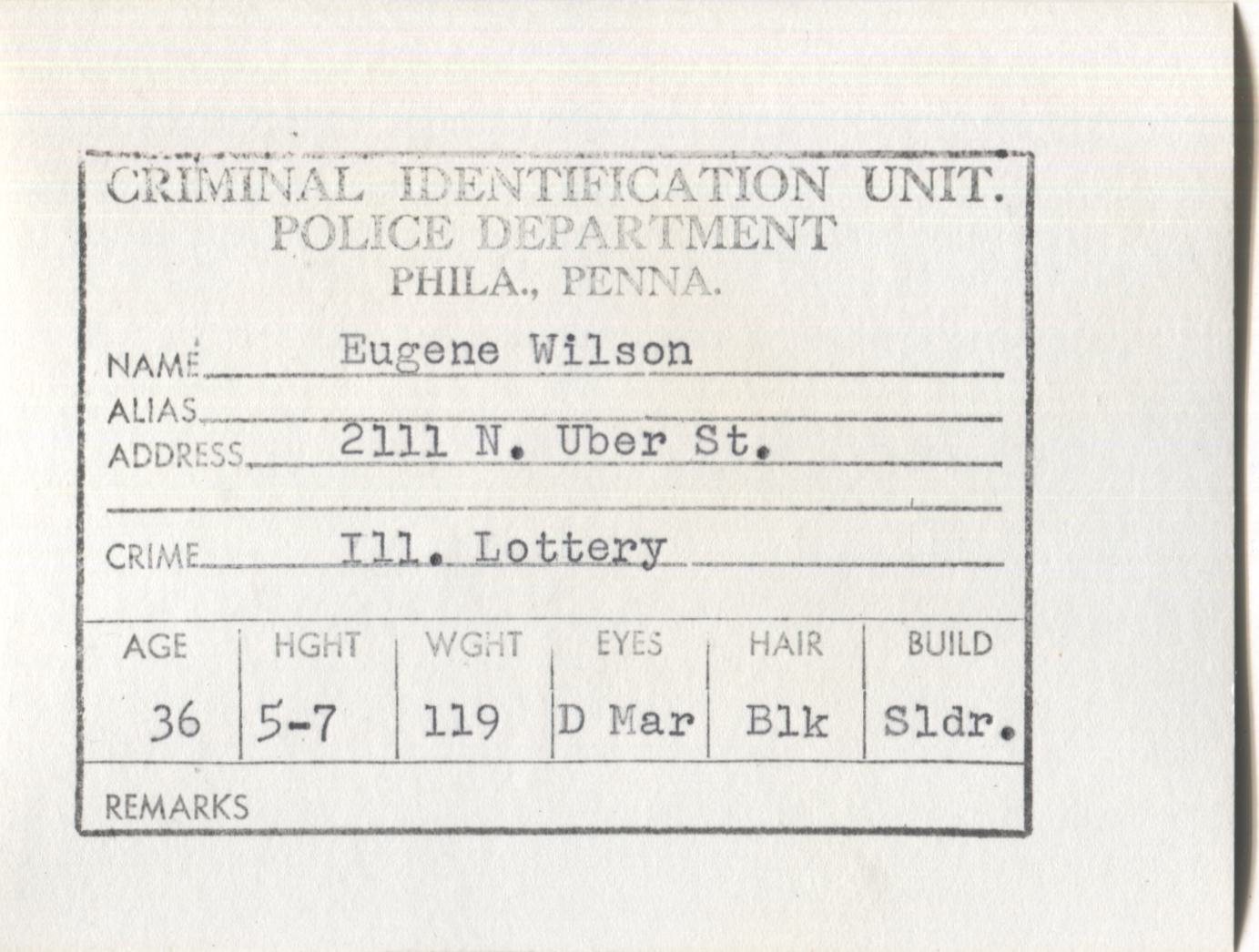 Euegene Wilson Mugshot - Arrested on 5/3/1959 for Illegal Lottery