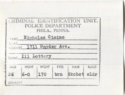 Nicholas Cimino Mugshot - Arrested on 2/21/1960 for Illegal Lottery