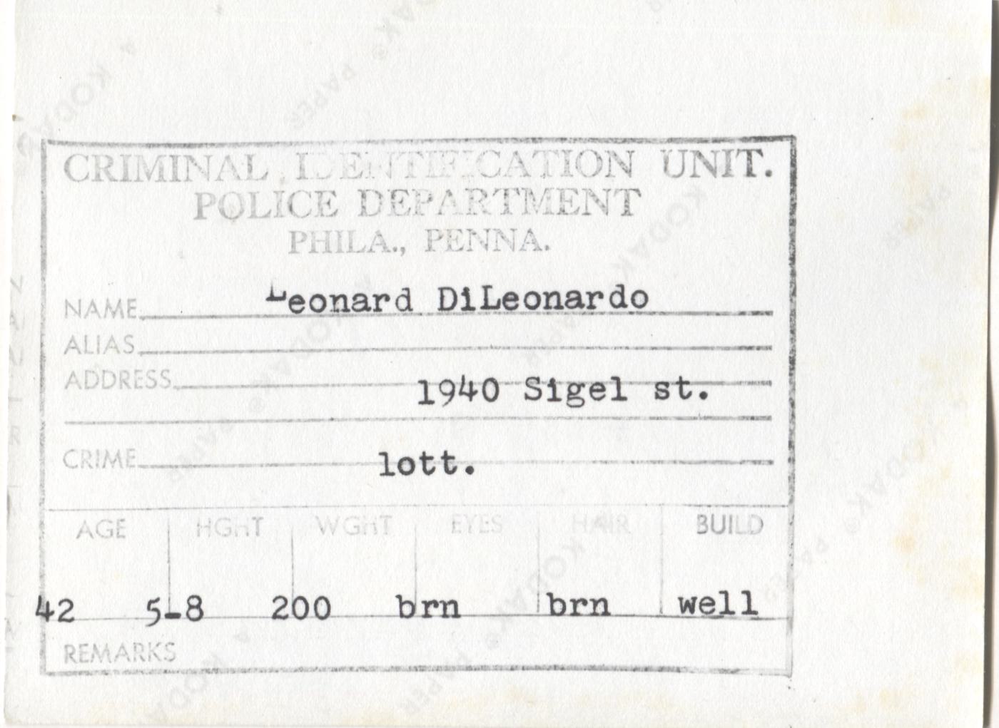 Leonard DiLeonardo Mugshot - Arrested on 4/16/1964 for Illegal Lottery