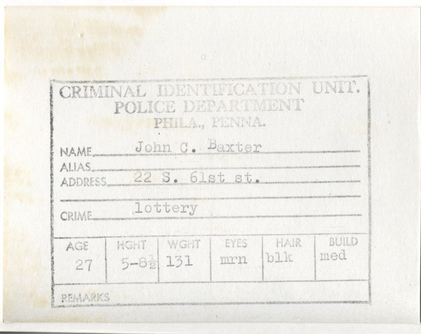John C. Baxter Mugshot - Arrested on 6/14/1961 for Illegal Lottery