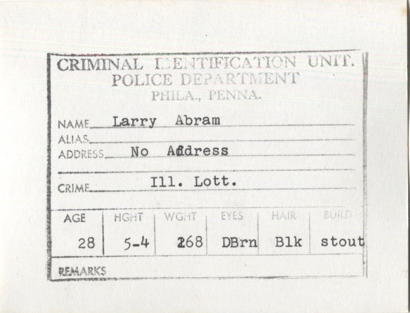 Larry Abram Mugshot - Arrested on 8/3/1962 for Illegal Lottery