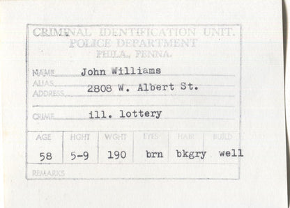 John Williams Mugshot - Arrested on 11/26/1960 for Illegal Lottery