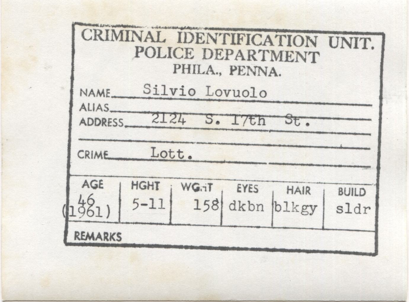 Silvio Lovuolo Mugshot - Arrested on 6/11/1960 for Illegal Lottery