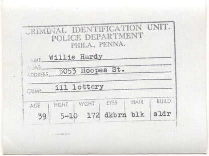 Willie Hardy Mugshot - Arrested on 11/11/1960 for Illegal Lottery