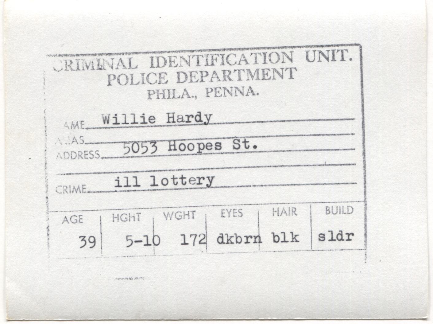 Willie Hardy Mugshot - Arrested on 11/11/1960 for Illegal Lottery